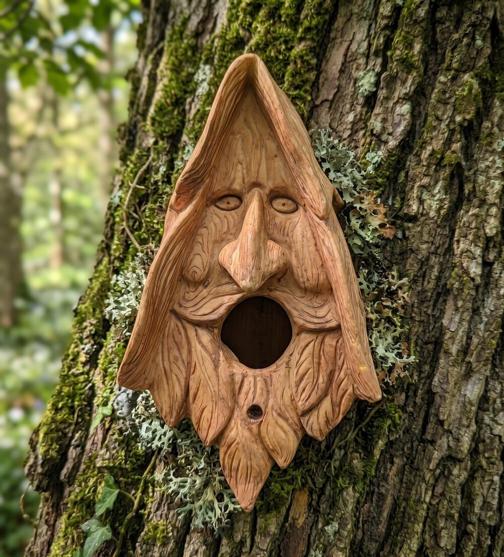 Vintage Green Man Tree Face Birdhouse Wood Spirit Garden Gnome Wall Hanging